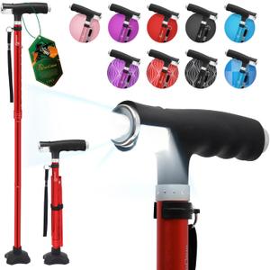 BeneCane Walking Cane for Women Folding Cane for Men with Two Led Lights Quad Cane with Stable Base Lightweight and Adjustable Walking Stick