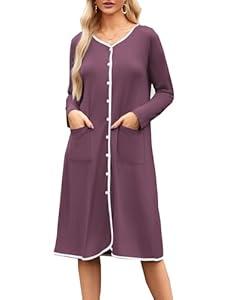 Ekouaer Nightgowns for Women Button Down Sleepshirt Long Sleeve Nightshirt V Neck Pajama Dress Nightdress with Pockets Purple Red M