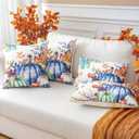 Artscope Fall Decorative Throw Pillow Covers 18x18 Inch Set of 2, Watercolor Pumpkin Fallen Leaves Outdoor Farmhouse Pillow Cases for Home Sofa Couch-Blue