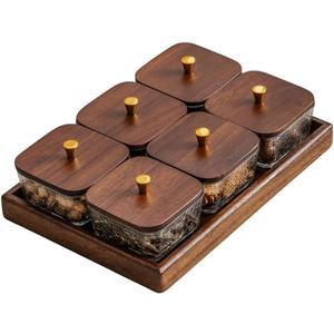 Square Glass Snackle Box Container Snack Organizer and Fruit Platter with Walnut Wooden Lids and Tray Divided Serving Tray for Nuts Candy Fruits (6 Jars)