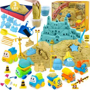 ESSENSON Play Construction Sand Kit - 3lbs Sand with 2 Colors, 6 Mini Construction Trucks, Construction Toys and Signs, Animal Mold, Modeling Tools, Foldable Sandbox, Gifts for Boys Girls