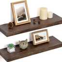Floating Shelves for Wall Decor, Rustic Solid Elm Wood Live Edge Floating Shelves Wall Mounted, Wall Shelves with Invisible Bracket for Living Room Bathroom Bedroom Kitchen, 24 Inch Set of 2, Walnut, Live Edge, 24inch, 2Packs