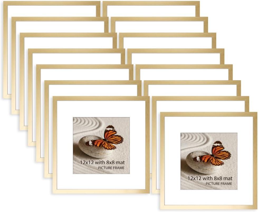 Memory Island 12x12 with 8x8 Photo Frames for Wall and Tabletop Display, 12 by 12 Gold Picture Frames with HD Plexiglass, Set of 15