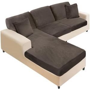 NAISI Sectional Couch Covers 6 Pieces Velvet Couch Cushion Covers L Shape Soft Stretch Sofa Slipcovers with 2pcs Pillowcases for Left/Right Chaise Sectional Couch(2 Seater+1 Chaise+3 Back,Brown)