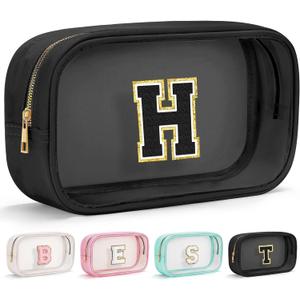 YOOLIFE Travel Toiletry Bag for Women, Black Clear Makeup Organizer, Cute Cosmetic Bags for Skincare, Birthday Gifts for Teacher Mother Girlfriend Initial H