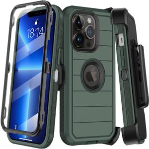 KECAI for iPhone 13 Pro Case with Belt Clip Holster & Kickstand,Built-in Screen Protector,Heavy Duty Shockproof Drop Protection Military Grade Full Body Rugged Phone Cover (6.1 Inch) (Dark Green)