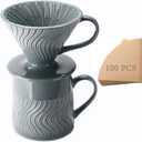 Pour Over Coffee Maker with 100 Sheets of Paper Filter, 15 oz Ceramic Coffee Mug & Coffee Dripper, 1 Cup-Single Brew Coffee Set, Grey
