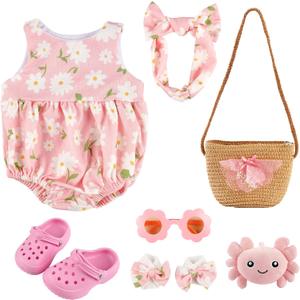 BABESIDE 16-20 Inch Reborn Baby Doll Clothes Set with 16 Inch Doll Shoes for Reborn Dolls, Summer Floral Babydoll Clothes with Bag Headband for Realistic Baby Dolls Accessories, Pink