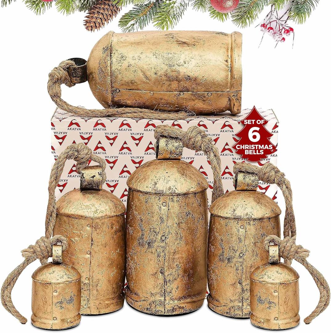 AKATVA Large Christmas Bells for Decoration  Cow Bells for Rustic Christmas Decor  Gold Bells for Christmas Decorations  Vintage Christmas Decor  Rustic Bells on Rope  Set of 6 Pieces