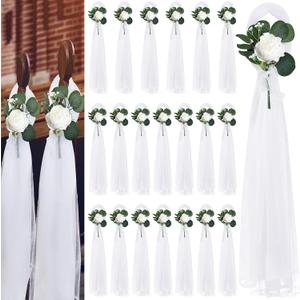 20 Sets Wedding Aisle Decorations, 39.4 Inches Artificial Silk Rose Flowers with Long Tulle Tails for Church Pew Chair Bench, Ceremony Reception Party Bridal Shower Arrangements - White