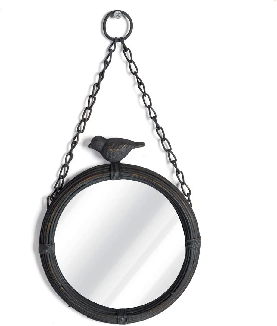 NIKKY HOME Shabby Chic Small Wall Mirrors Decor Decorative Metal Framed Hanging Round Mirror Vintage Rustic with Sparrow for Bathroom Living Room Office, Antiqued Black (12.6"L x 6.7"W)