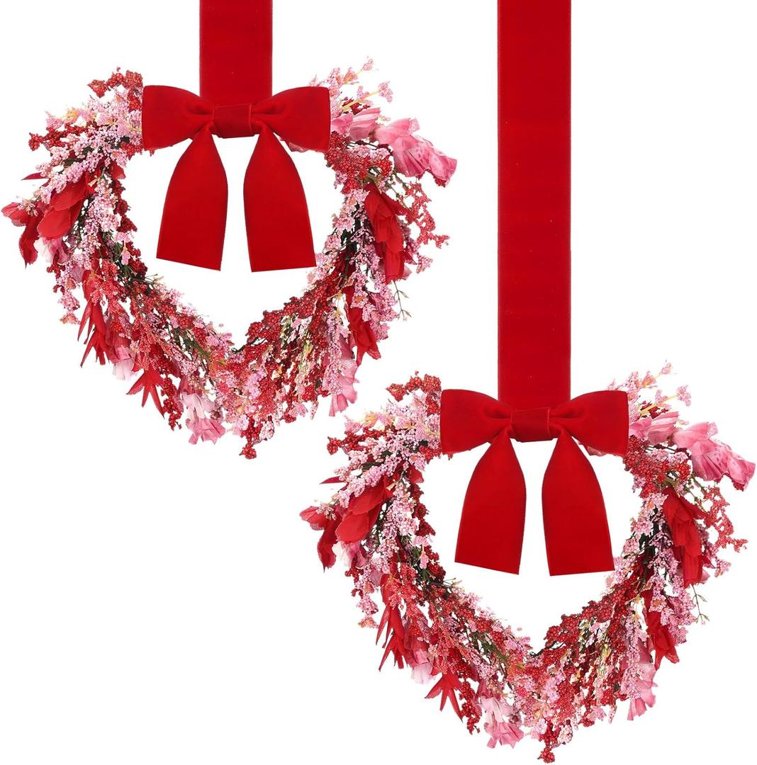 2 Pcs 9" Small Valentines Day Wreath for Cabinet Front Door Valentine Wreath Red Artificial Heart Flower Spring Summer Garlands for Cabinet, for Wedding Window Home Wall Indoor Decor