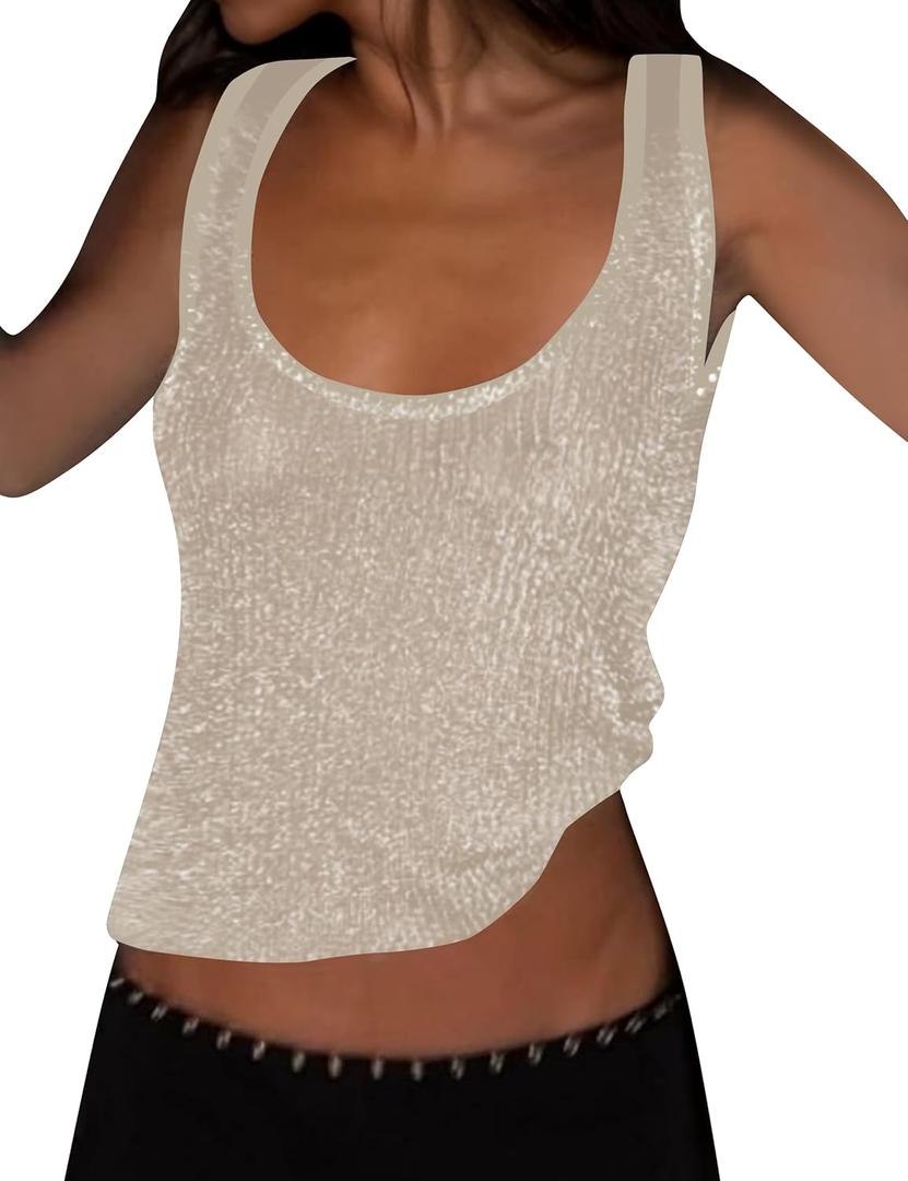 Women Sexy Fishnet Knit Glittering Scoop Neck Crop Tank Going Out Top Sheer Mesh Solid Slim Cropped Vest Cami Tops, Apricot Small