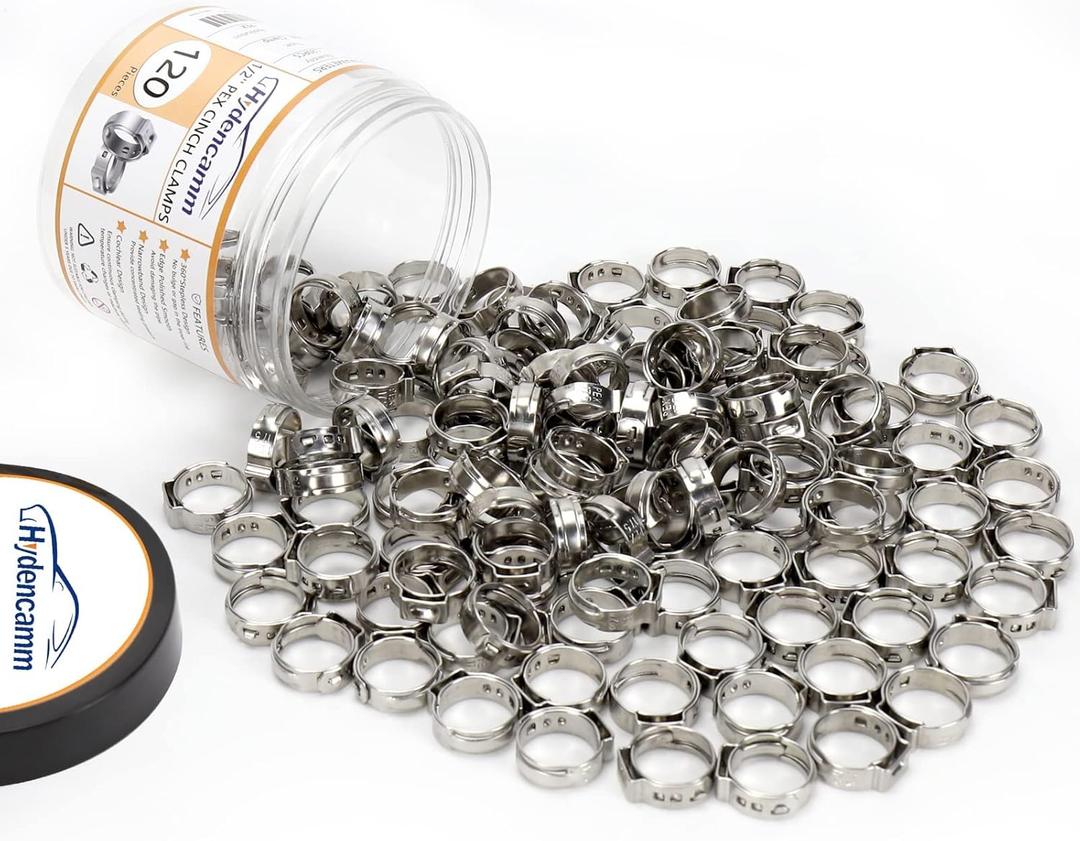 120 Pack 1/2 Inch PEX Cinch Clamps Rings, Premium 304 Stainless Steel Cinch Crimp Rings Pinch Clamps, Stepless Single Ear Hose Clamp for PEX Tubing Pipe Fitting Connections By Hydencamm (1/2"x120)