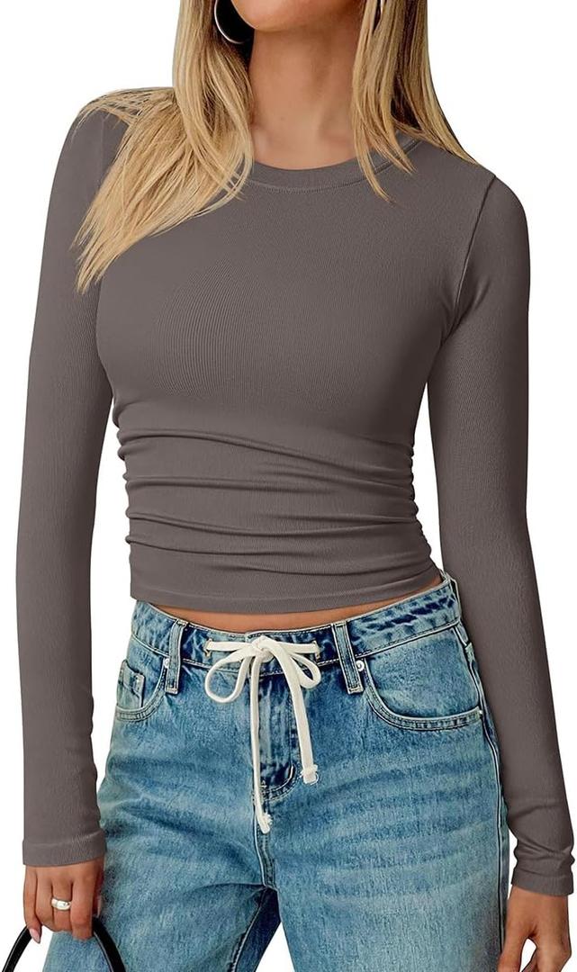 TOB Womens Shirts Long Sleeve Crew Neck Basic Fitted Crop Tops Casual Fashion T-Shirt for Women (S)