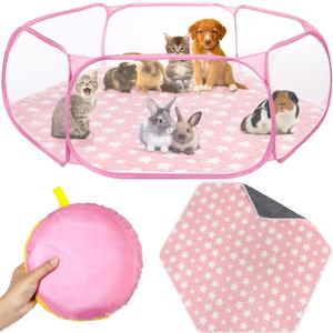 Hamster Playpen with Mat Small Animal Cage Tent Breathable Transparent Guinea Pig Playpen Waterproof Portable Yard Fence Mat Foldable Exercise Playpen Outdoor Indoor (Pink,Star)