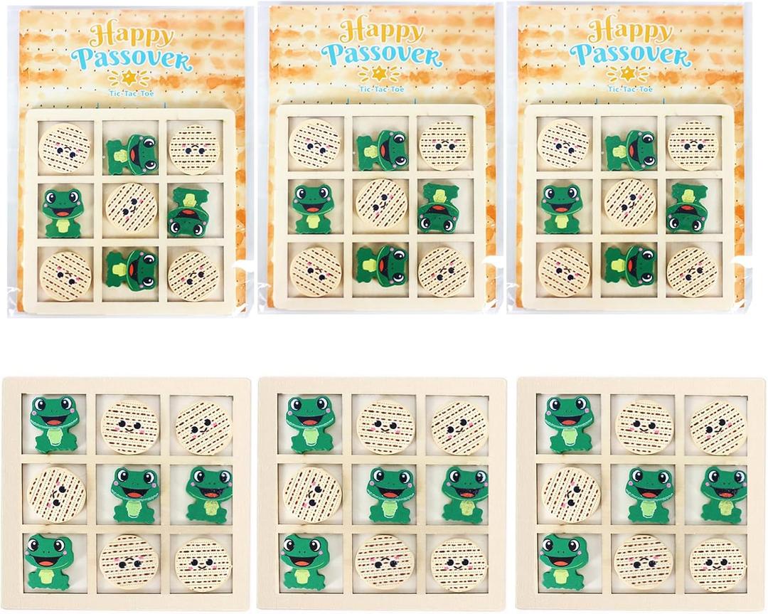6 Set Passover Tic Tac Toad Gifts,Pesach Seder Cards with Wooden Tic Tac Toe Educational Plagues Frogs Party Game Mini Board Game Matzah Seder Passover Party Supplies