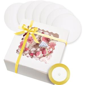 qiqee 10x10x5 Cake Box, 18 Sets White Cake Box with Window 18 Sets 10" White Cake Round Boards, 10inch Cake Containers, 10 Meters Gold Silk Ribbon