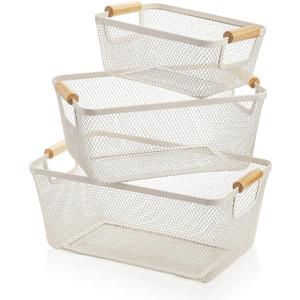 Noamus 3 Pack Metal Mesh Baskets with Wood Handle, Iron Storage Organizer Basket, Cream White Wire Countertop Baskets for Organizing, Cabinet Pantry Closet Bedroom Kitchen (3 Size)