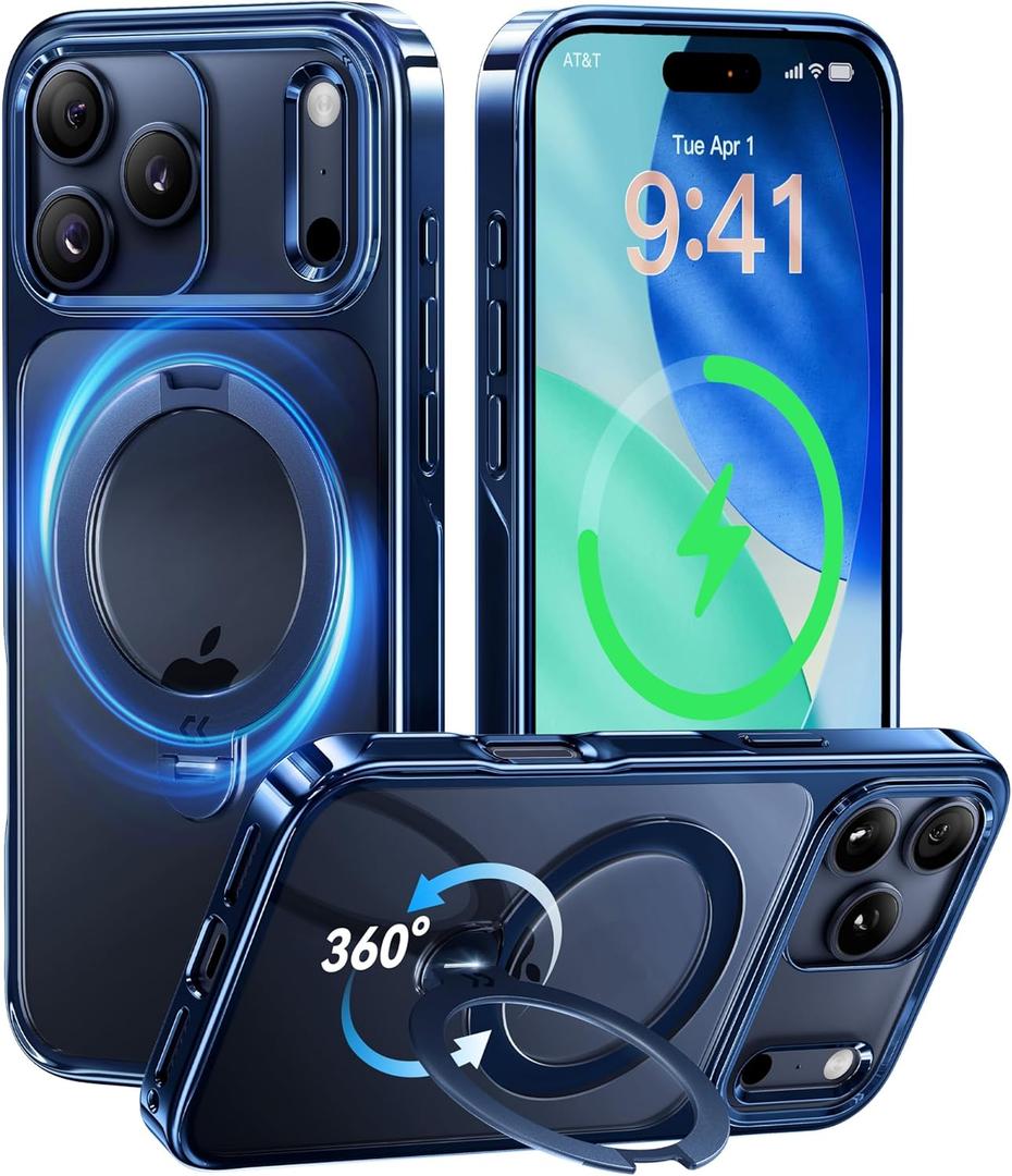 CASEKOO 360 Spin Magnetic Stand for iPhone 17 Pro Max Case with [Fit for MagSafe][17FT Military Protection] Slim Polished Frame Titanium Alloy Sturdy Stand 6.9", Glossy Deep Blue