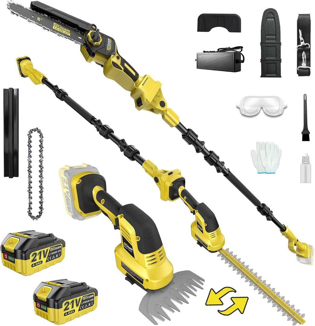 6-IN-1 Cordless Pole Saw & Pole Hedge Trimmer Combo Kit, Dual 4.0Ah Batteries, 8" Brushless Chainsaw, 16" Electric Hedge Trimmer, 6" Grass Shears, 14.92Ft Long Reach, Bush Trimmer for Tree Shrubs