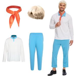 Men Classic Movie Set Adult Halloween Costume Long Sleeve Shirt with Wig Orange Scarf and Trousers (Small)