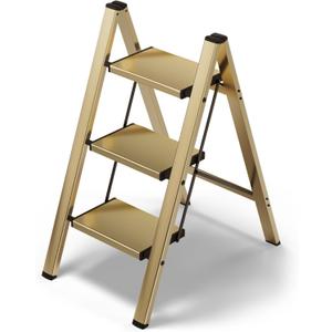 HillhutApex 3 Step Stool, Aluminum Foldable Step Ladder, Lightweight Stable Stool with Wide Non-Slip Pedals, 330lbs Bearing Capacity Ladder for Office,Home,Kitchen - Gold