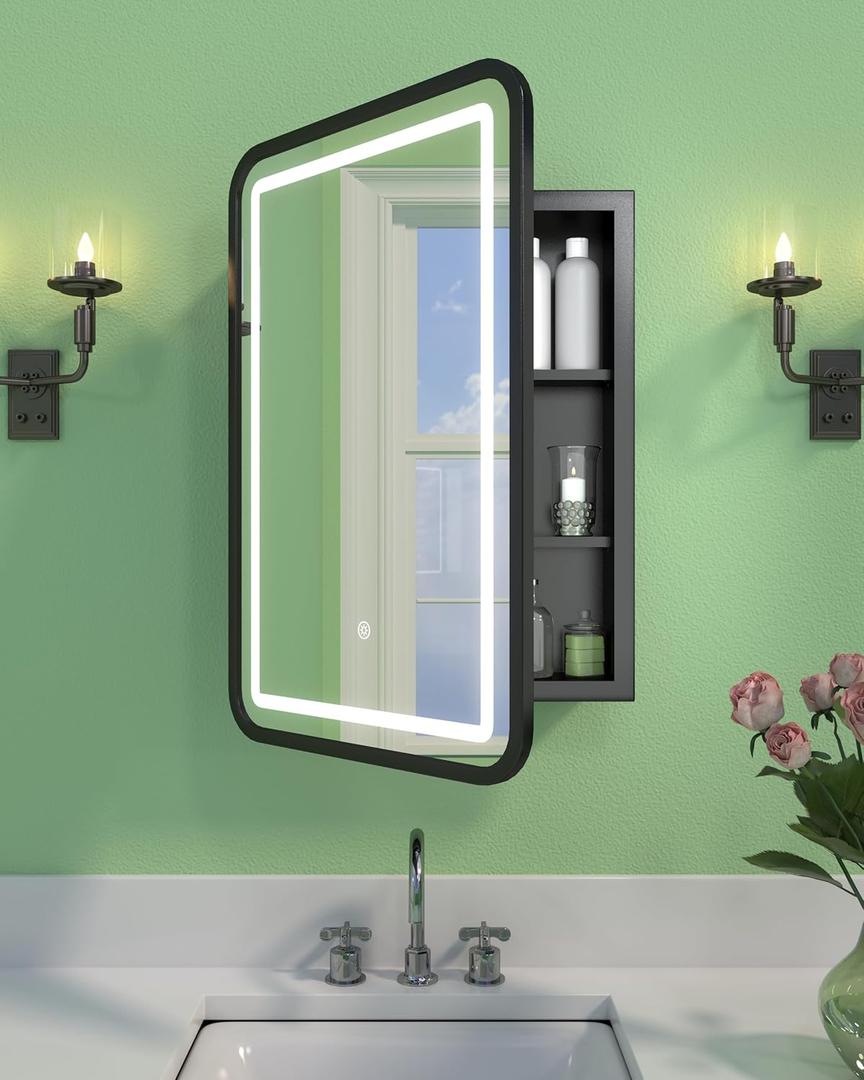 16x24 Inch LED Medicine Cabinet Mirror for Bathroom, Wall Mounted or Recessed Medicine Cabinet with Lights and Mirror, Full Metal, Stable & Removable 2 Shelves, Dimmable 3 Lighting Colors, Black