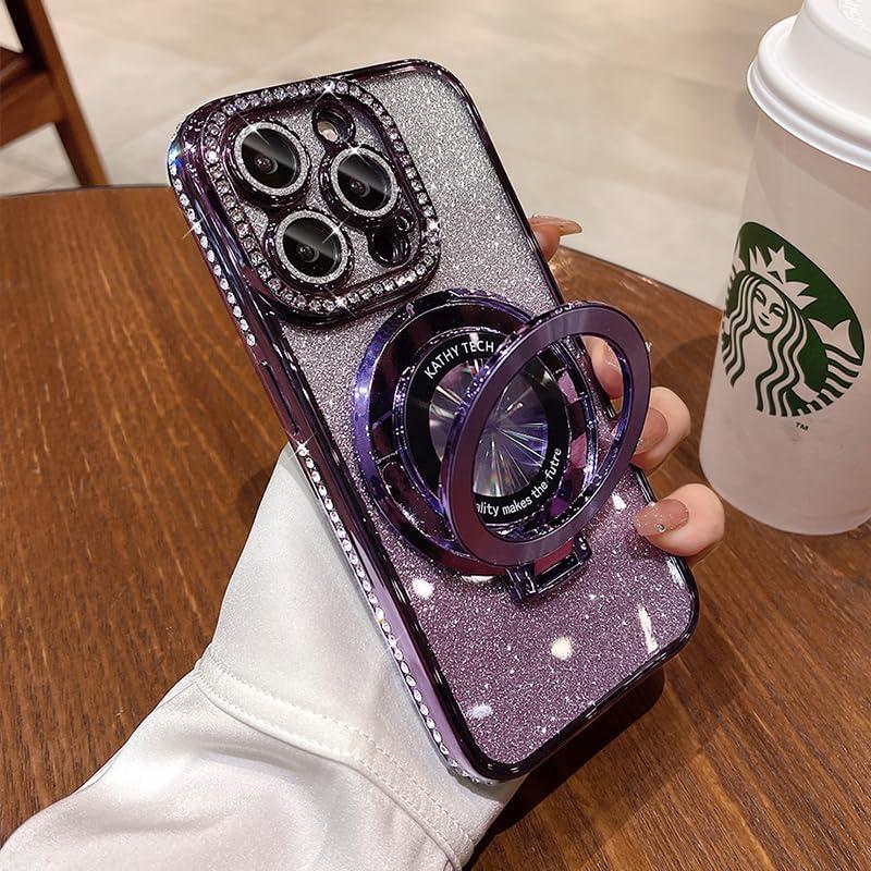 Magnetic Kickstand (Glitter Lens Protector ) Case for iPhone 15 14 13 12 Pro Max (Compatible with Magsafe ) Sparkling Diamond Cover Glitter Shiny Rhinestone Cases (Purple,for iPhone 15 Pro Max)