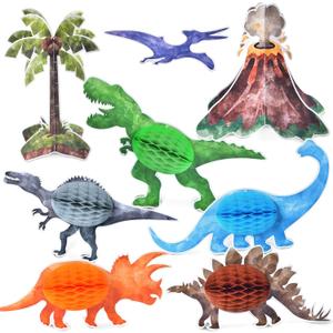 WERNNSAI 8 PCS Watercolor Dinosaur Party Honeycomb Centerpieces - Dinosaur Birthday Table Decorations for Kids Boys Dino Themed Party Supplies Table Toppers 3D T-Rex Volcano Centerpieces Decors