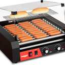 1650W Commercial Hot Dog Rollers,11 Rollers 30 Hotdog Roller Grill,Stainless Steel Hot Dog Machine With Dust Cover,Hot Dog Roller Machine With Dual Temp Control Bun Warmer Shelf Removable Drip Tray
