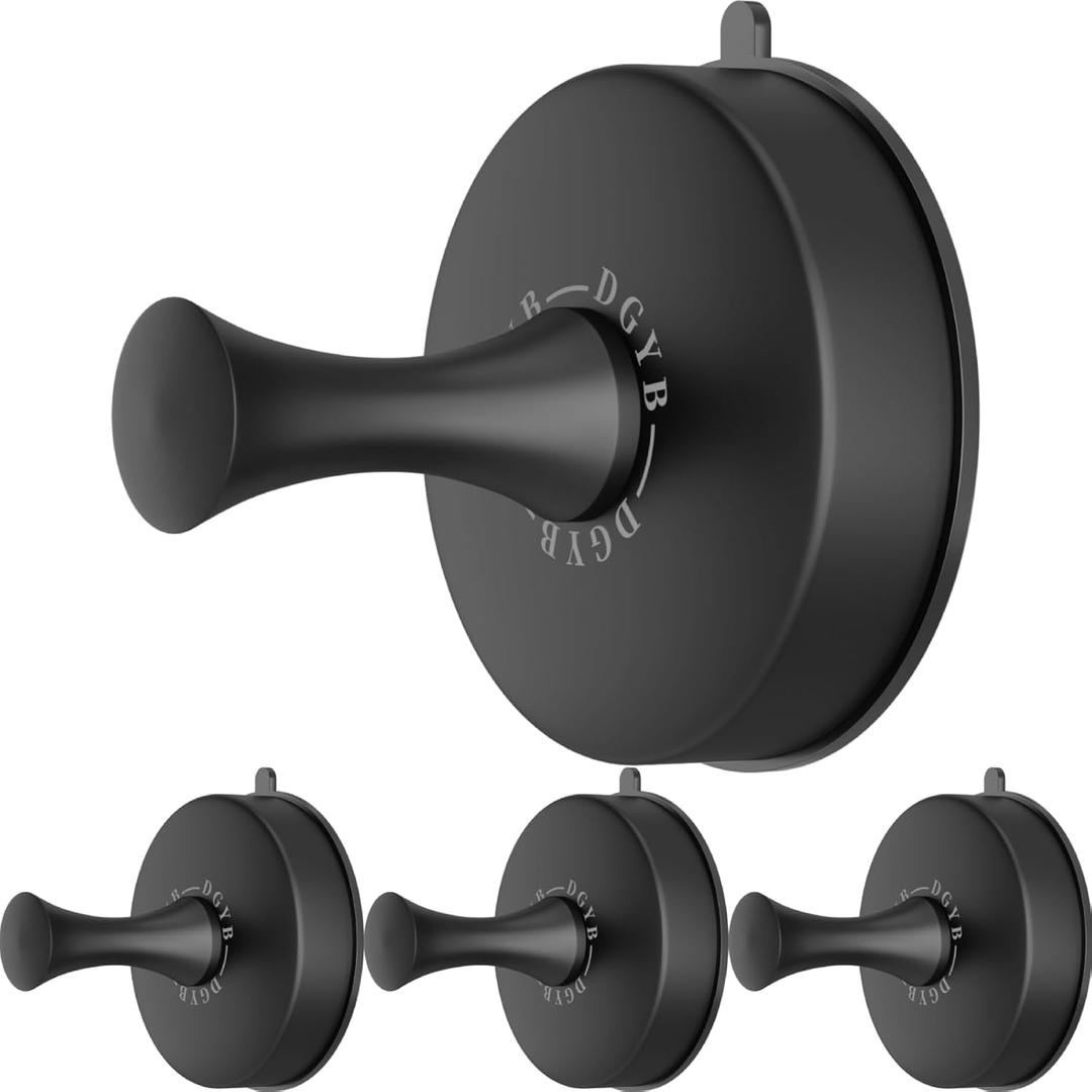 DGYB Suction Cup Hooks for Shower Set of 4 Removable Stainless Steel Towel Hook for Bathroom Glass Window Door Wall and Suction Wreath Hook for Hanging Robe, Loofah, Coat - Black