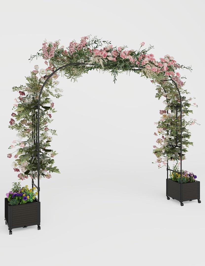 Span 86.6 in Garden Arch Trellis for Climbing Plants, Metal Wedding Arch Flowers Frame Backdrop Stand,Balloon Decor Garden Arch Arbor for Wedding Garden Party Plant Support FlowerRaised Planter Box