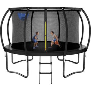 Trampoline 8FT 10FT 12FT 14FT 16FT, Outdoor Trampolines for Kids and Adults, Recreational Trampoline with Enclosure Net & Ladder, Round Trampolines ASTM Approved (Black + basketball hoop)