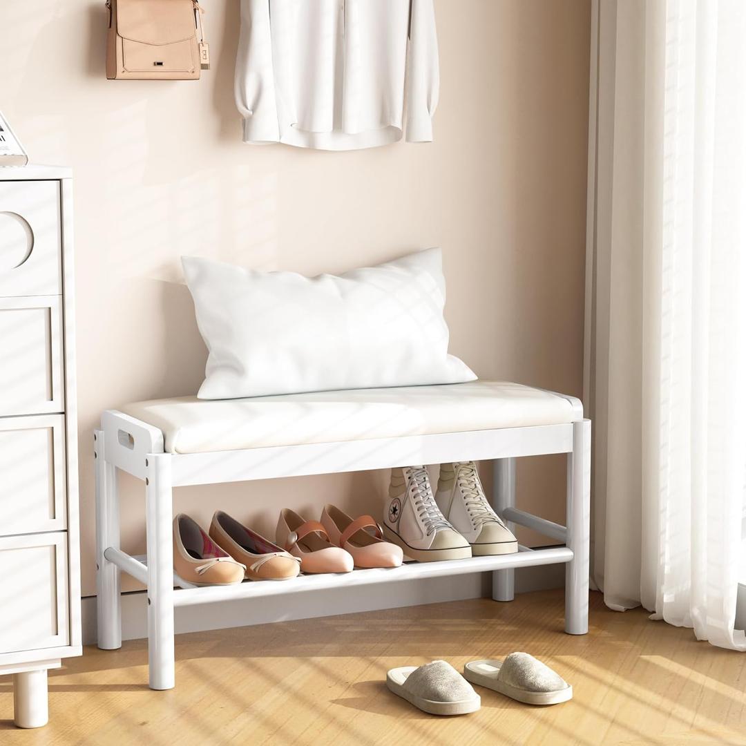 Shoe Storage Bench with Cushion - 2 Tier Shoe Rack for Front Door Entrance, Wood Shoes Rack, Entryway Bench with Shoes Storage for Closet,Hallway,Bedroom&Living Room(White, 31.5" W)