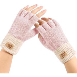 Fingerless Gloves for Women - Winter Knitted Half Finger Gloves for Typing Driving Fingerless Mittens (Pink)