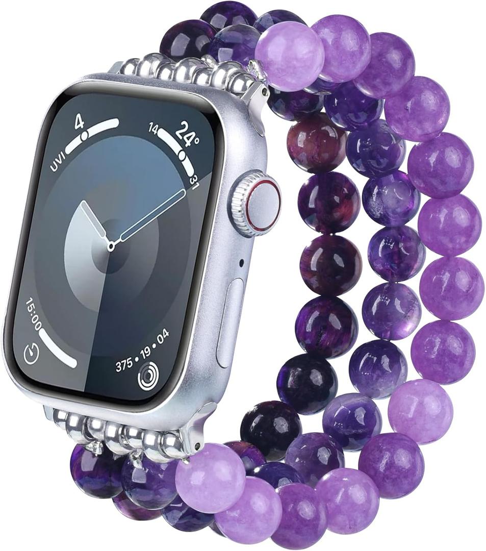 MOFREE Beaded Bracelet Compatible with Apple Watch Band 42mm 44mm 45mm Women, Fashion Handmade Crystal Stone Beads Elastic Stretchy Strap for iWatch Band Series SE 9 8 7 6 5 4 3 2 1 (Dark Purpl)