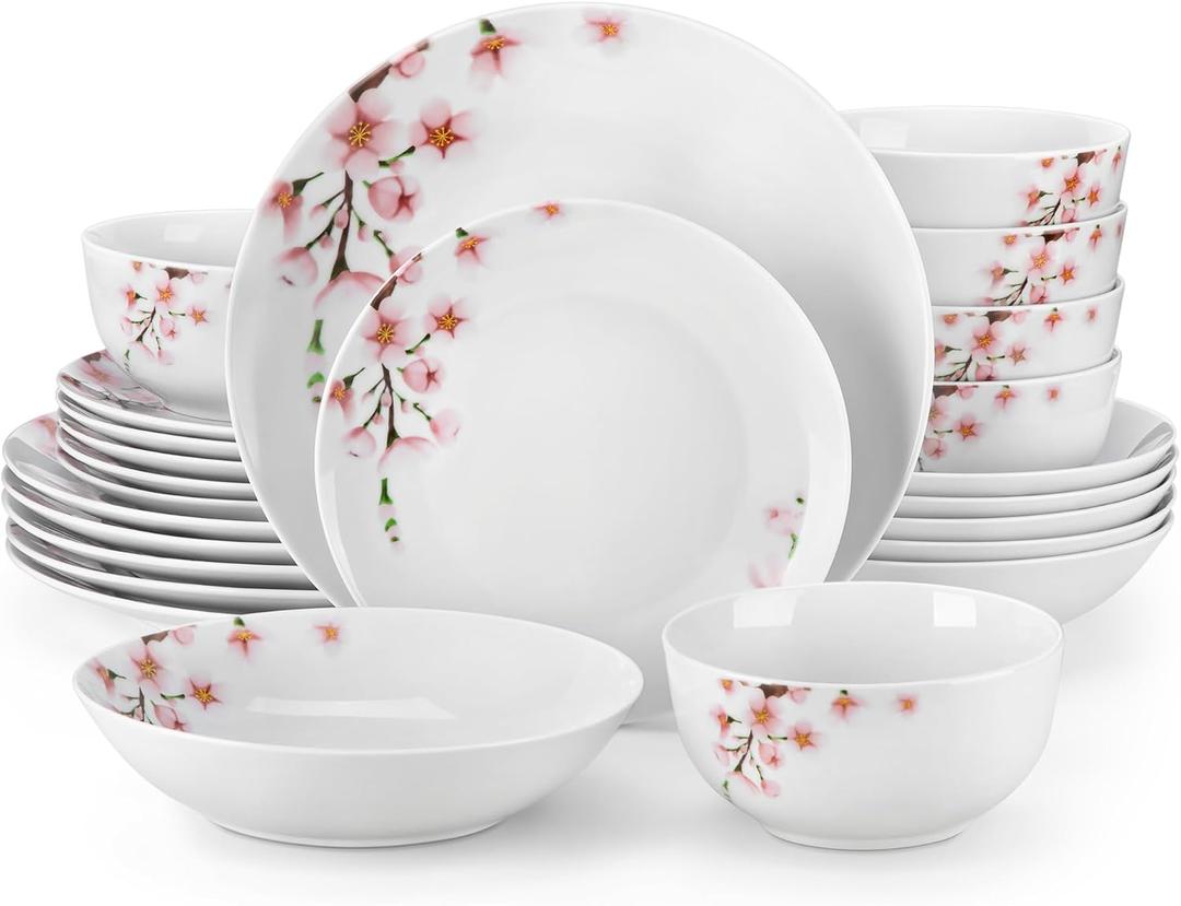 VEWEET Dinnerware Sets for 6, 24 Pieces Porcelain Plates and Bowls Set with Pink Floral, Classic Dishes Set Dining Ware for Dinner, Microwave Dishwasher Safe, Series ANNIE