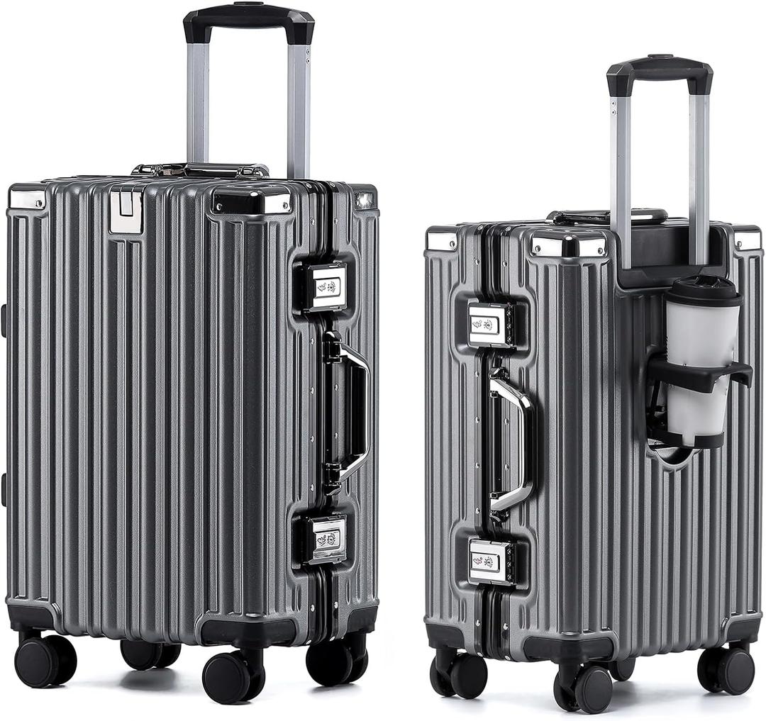 HotWay 24 Inch Aluminum Frame Luggage with Spinner Wheels, PC Hard Shell Suitcase with Cup Holder, Zipperless Luggage for Business Travel, Gray