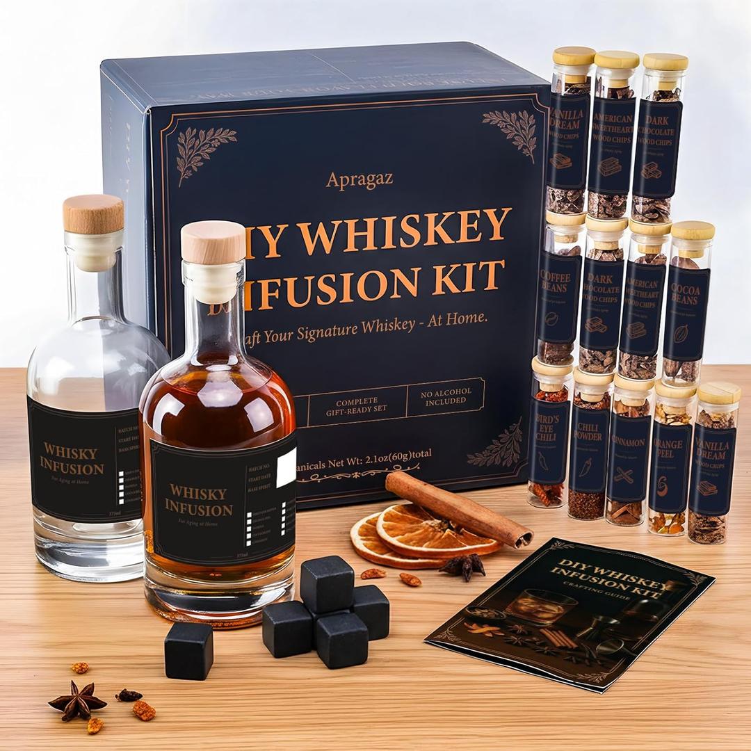 Whiskey Making Kit, Valentine's Day/Father's Day Whiskey Gift Set with 12 Natural Wood Chips & Botanicals, Create Your Own Craft Whiskey Flavors | DIY Whiskey Infusion Kit for Men