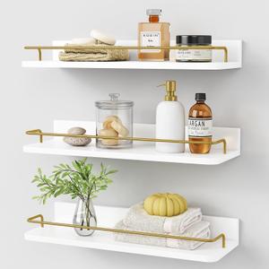 Forbena Gold Floating Shelves for Wall Decor Set of 3, Bathroom Shelves Over Toilet, Modern Display Wall Shelf with Guard Rail for Living Room Bedroom Organizers and Storage - White and Gold | Gold, for Wall Decor, Bathroom Shelves, Over Toilet, for Living Room, Bedroom