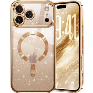 Glitter for iPhone 17 Pro Case with Eye-catching Integrated Lens Protection, [Sparkly Bling Back Panel] [Seamless Work with Magsafe] Cute Women Girly Magnetic Case for iPhone 17 Pro Desert Titanium