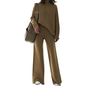 Lady Casual Two Pc Sweater Lounge Sets Long Sleeve Turtleneck Knit Sweatshirts and Sweatpants Sweat Suit Brown, XL