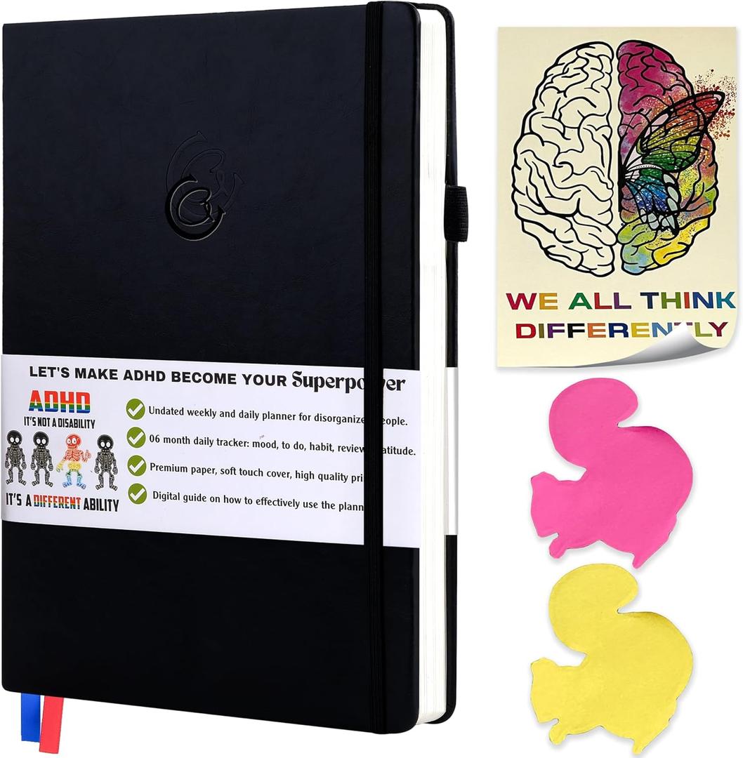The ADHD Planner for Adults - 6 Month Undated Weekly Daily Full Focus Planner Organizer Notebook - Organizing Solutions for People with ADHD and Neurodivergent Men and Women (Black)