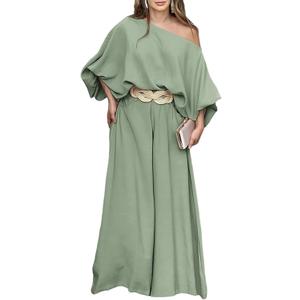CHICME Women Summer 2 Piece Outfits Off Shoulder Top Flowy Wide Leg Pants Set Vacation Travel Airport Outfits (M)