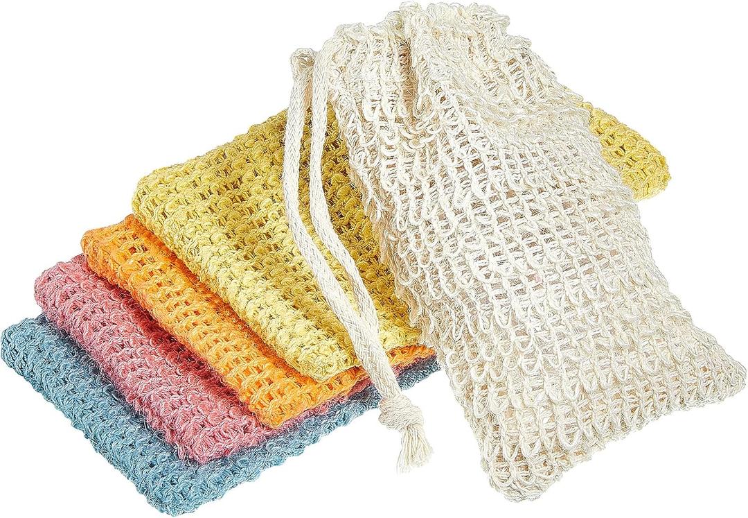 BBTO 5 Pieces Soap Saver Bag Cotton Linen Exfoliating Soap Pouch for Foaming and Drying, Shower, Scrubber(9 x 14 cm,White, Pink, Blue, Yellow, Orange)