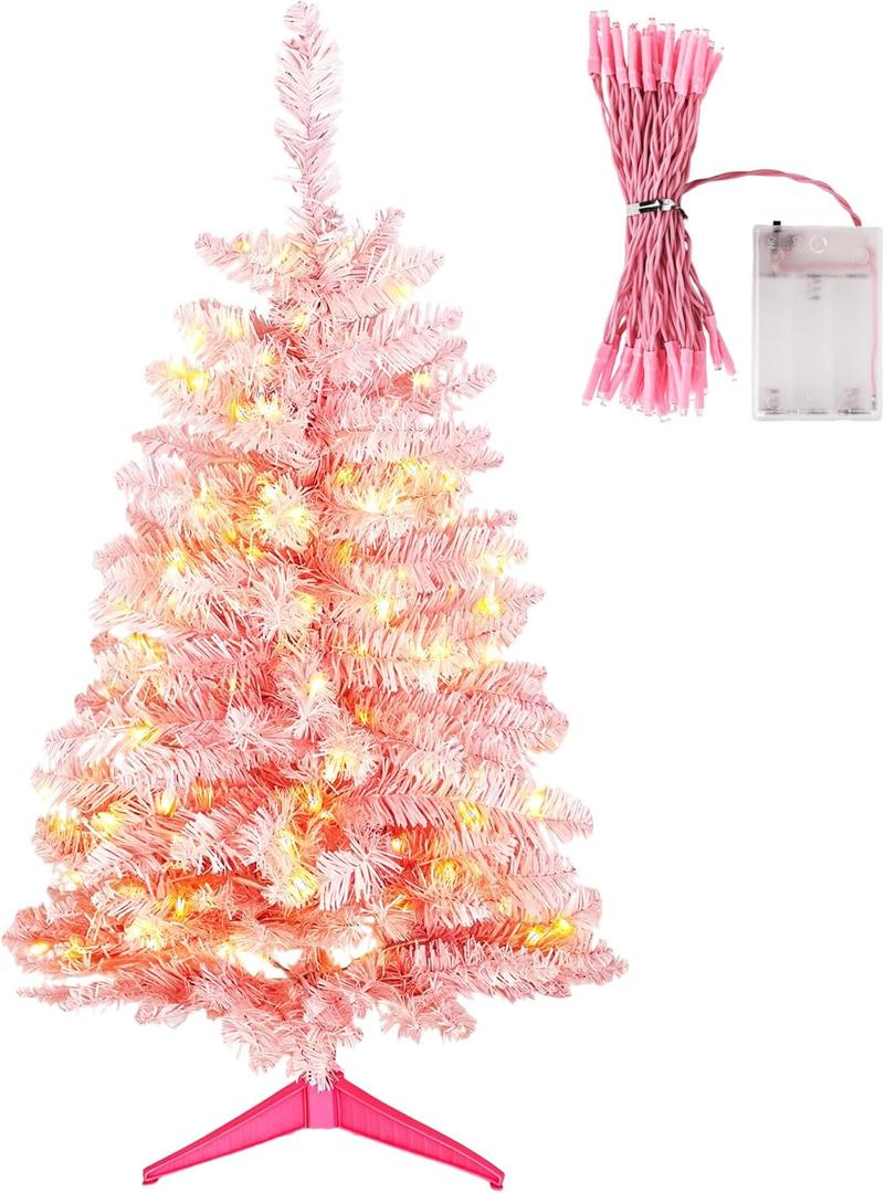 3FT Small Christmas TreeArtificial Christmas Tree for TabletopMini Xmas Tree with 164 Branch Tips, Easy Assembly Ideal for Home, Office, Apartment, or Holiday Dcor (Pink)