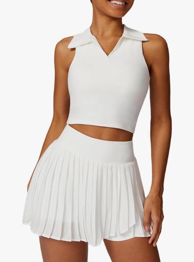 ABOCIW Womens Pleated Tennis Skirts Sleeveless V Neck Collar Racerback Workout Crop Tank Tops Sports Bra Golf Skorts Skirts Outfits #1 White M