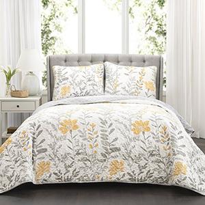 Lush Decor Aprile Reversible Floral Quilt Queen Size 3 Piece Set Full/Queen, Yellow & Gray - Bedding Set - Floral Quilt - Cottage Bedroom Décor