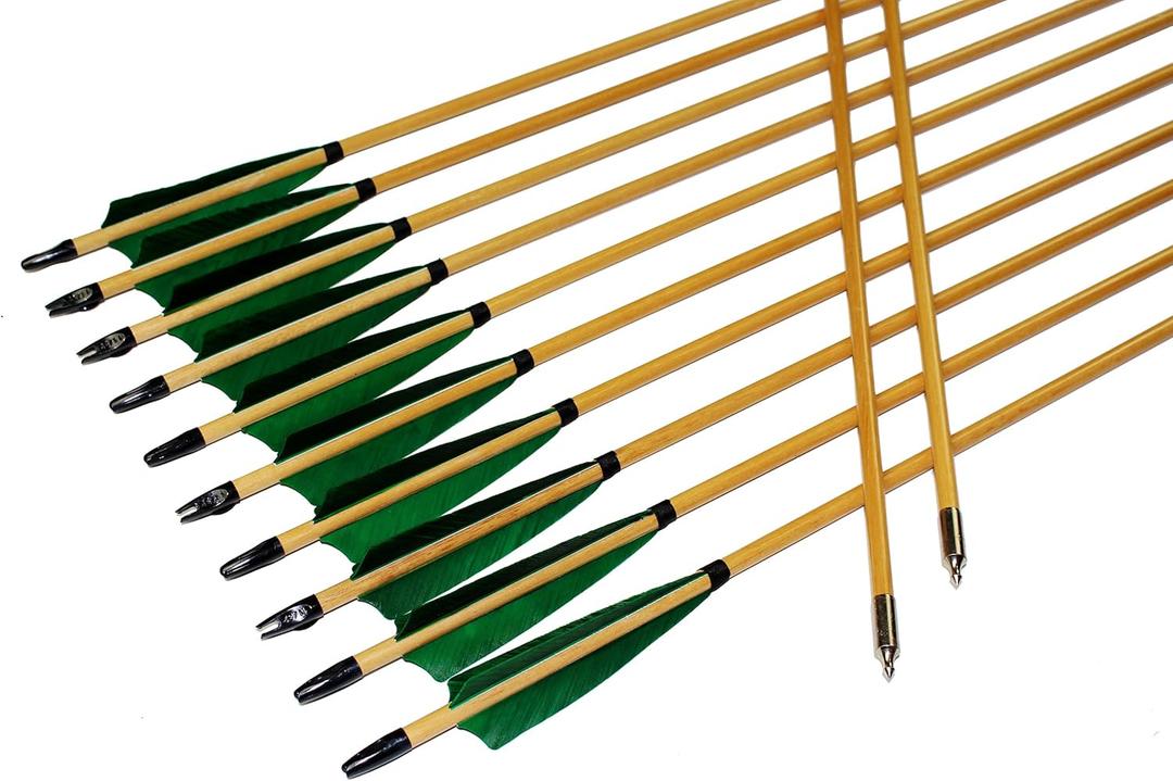 TTFLY FLETCHING 12PK 32 inch Traditional Wooden Arrows Handmade Shaft Green Shield Turkey Feather Practice Archery for Recurve Longbow Hunting Arrows